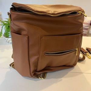 Fawn Original Diaper Bag in brown and brown stroller clips